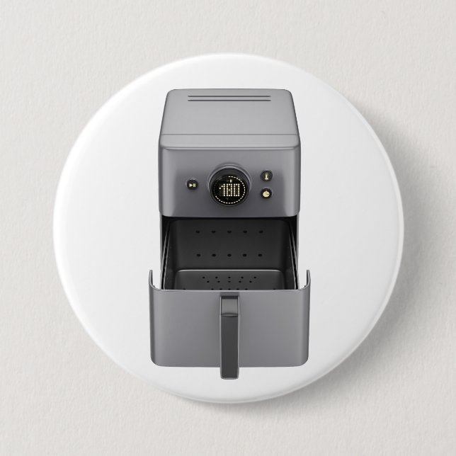 Front view of an open, empty air fryer 7.5 cm round badge (Front)