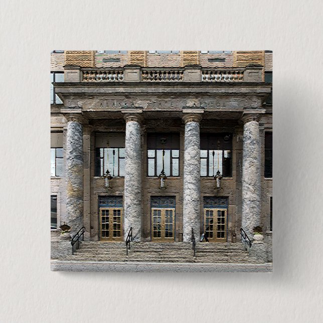 Front View of the Alaska State Capitol in Juneau 15 Cm Square Badge (Front)