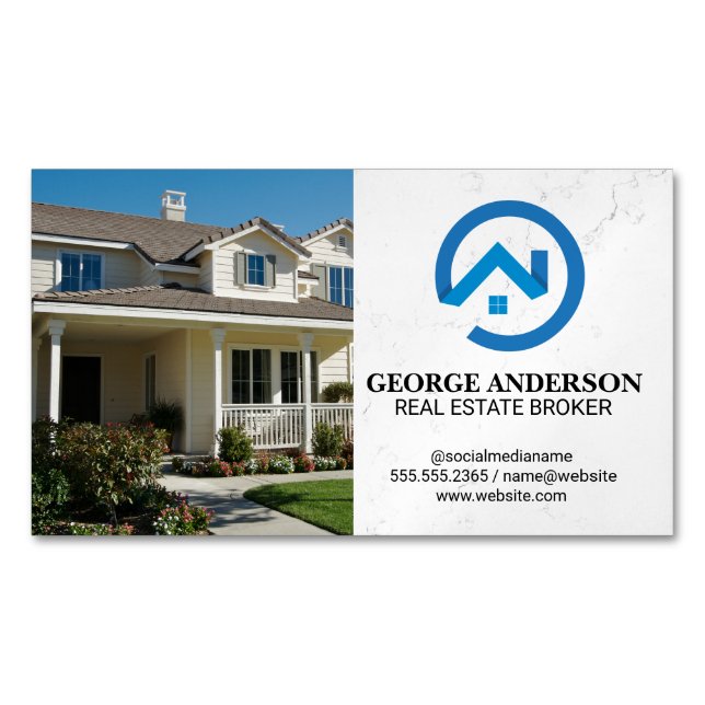 Front Yard Home | Modern Blue Real Estate Logo Magnetic Business Card (Front)
