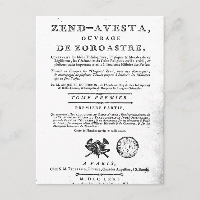 Frontispiece of an edition of the 'Zend Postcard (Front)