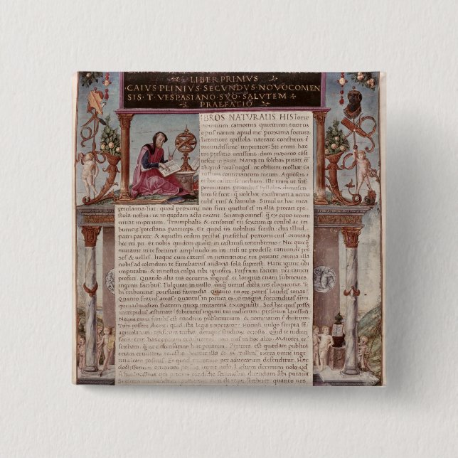 Frontispiece to Book I showing a page of text 15 Cm Square Badge (Front)