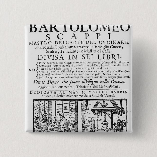 Frontispiece to cook book of Bartolomeo Scappi 15 Cm Square Badge (Front)