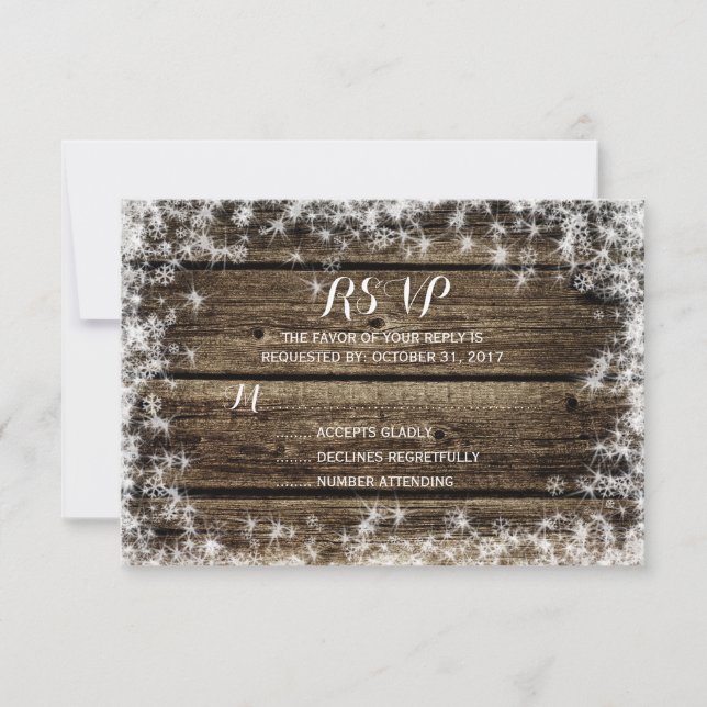 Frost Bite Barn Wood Rustic Winter Wedding RSVP Card (Front)