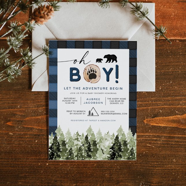 FROST Blue Flannel Pine Lumberjack Boy Baby Shower Invitation (Creator Uploaded)