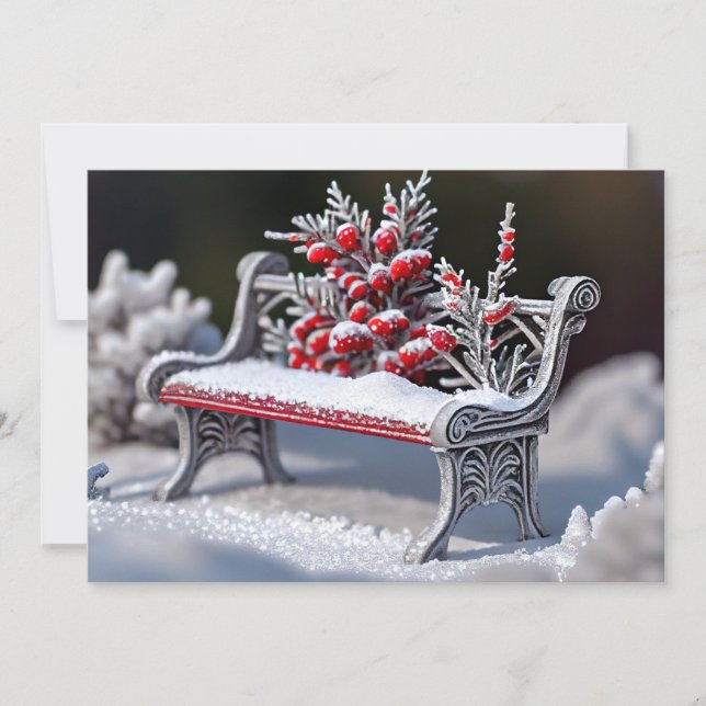 Frost-Covered Bench in Snowy Setting Holiday Card (Front)