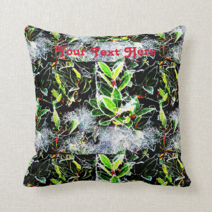 frost covered holly and cobweb christmas design cushion