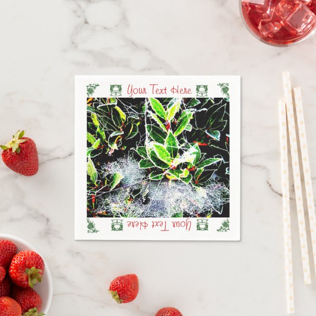 frost covered holly and cobweb christmas design napkin (Insitu)