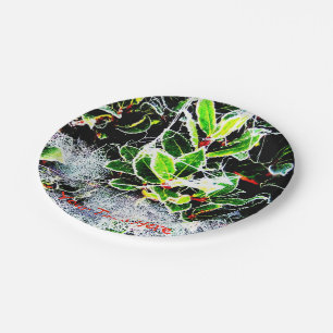 frost covered holly and cobweb christmas design paper plate