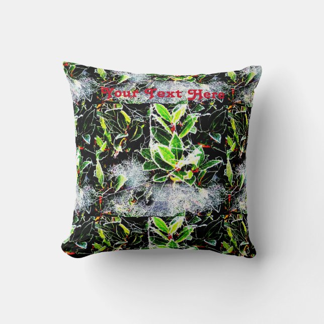 frost covered holly berries and cobwebs christmas cushion (Front)