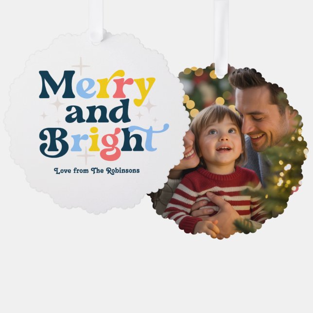Frost & Glow Merry & Bright Retro Christmas Photo Tree Decoration Card (Front/Back)