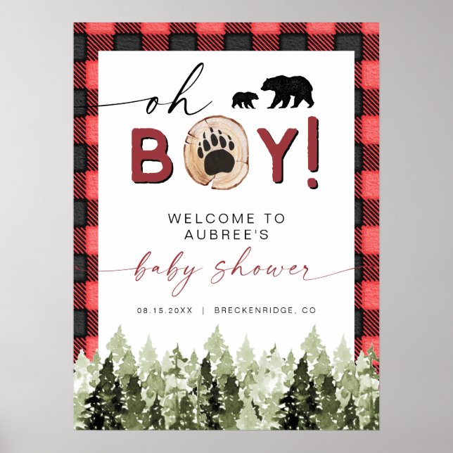 FROST Red Flannel Pine Bear Baby Shower Welcome Poster (Front)