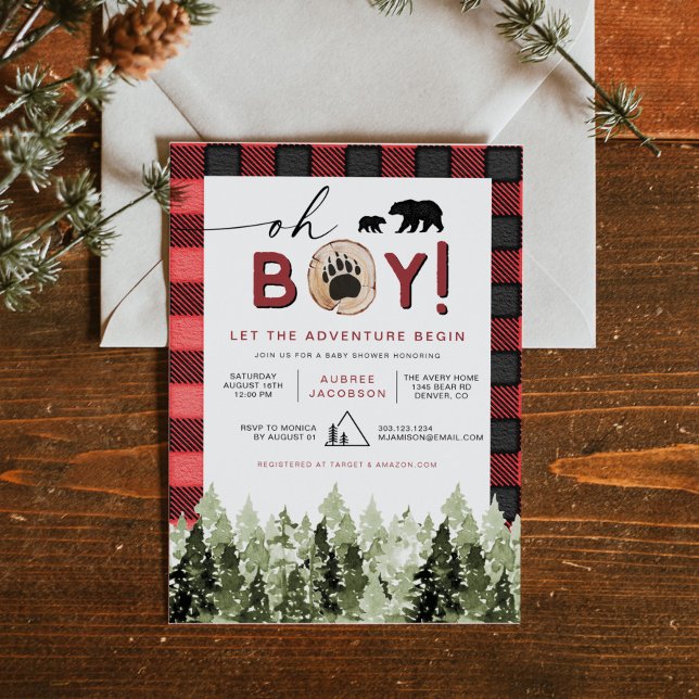 FROST Red Flannel Pine Bear Boy Baby Shower Invitation (Creator Uploaded)