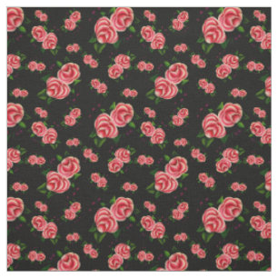 Frost Rosen, Pink rose, folk rose flower 3, black Fabric