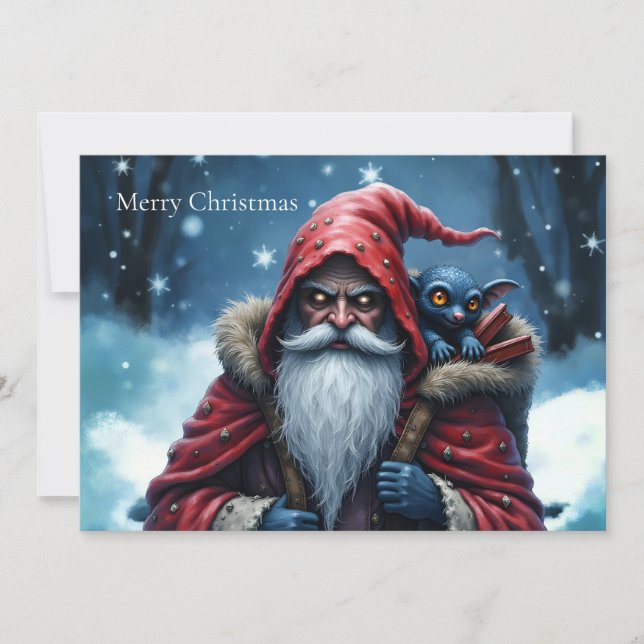 Frostbite Santa & His Mischief Elf. Holiday Card (Front)