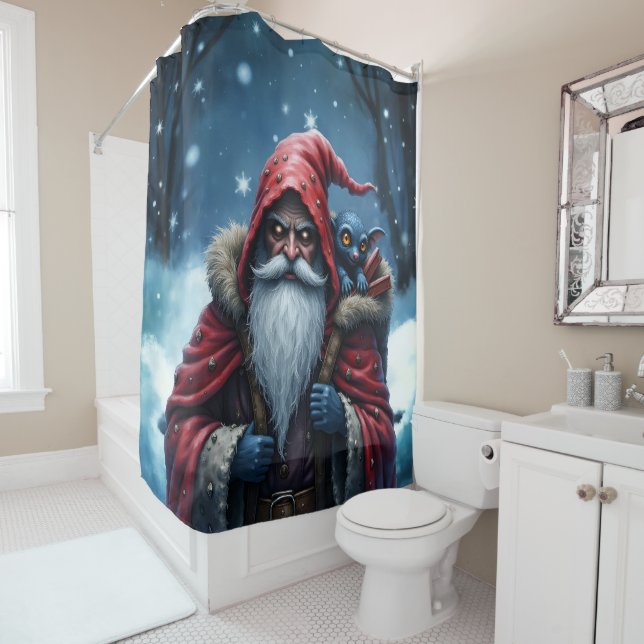 Frostbite Santa & His Mischief Elf. Shower Curtain (In Situ)