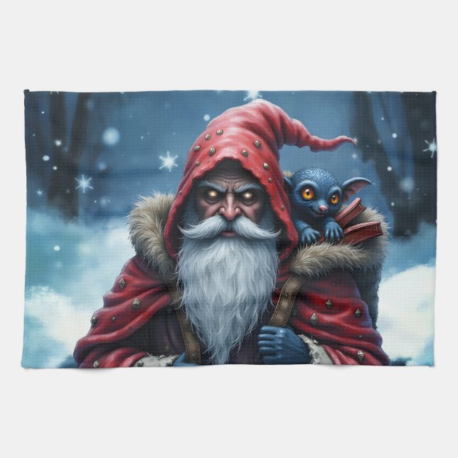 Frostbite Santa & His Mischief Elf. Tea Towel (Horizontal)