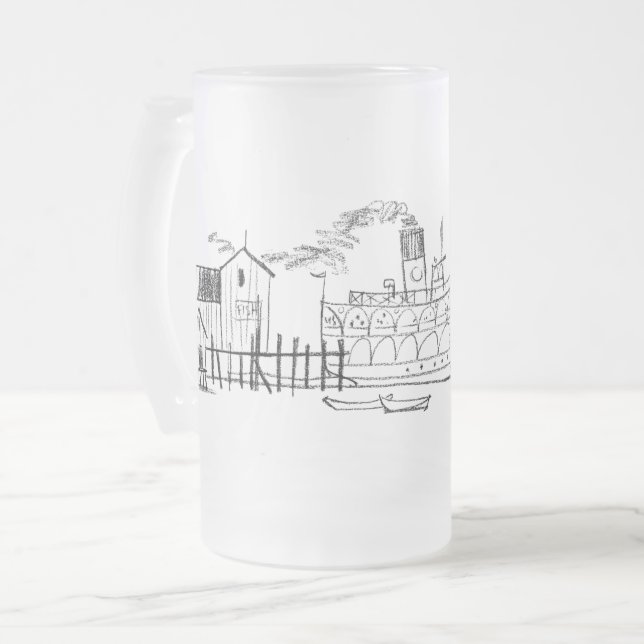 Frosted 16 oz. Mug, Block Island Seaside Dock Frosted Glass Beer Mug (Front Left)