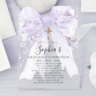 Frosted Acrylic Purple Bow Rose First Communion Invitations