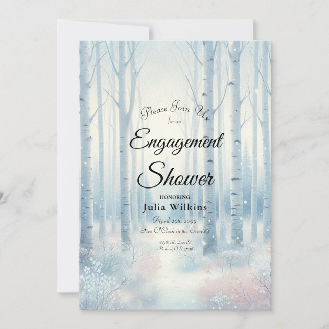 Frosted Blue Birch Forest Engagement Shower Invitation (Front)