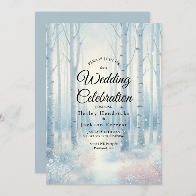 Frosted Blue Birch Forest Wedding Invitation (Front/Back)