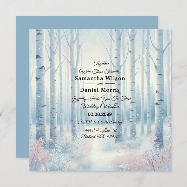 Frosted Blue Birch Forest Wedding Invitation (Front/Back)