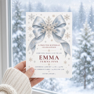 Frosted Blue Bow Snowflake Winter 5th Birthday Invitation