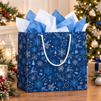 Frosted Blue Christmas Trees & Snowflakes Large Gift Bag