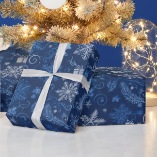 Frosted Blue Christmas Trees & Snowflakes Wrapping Paper