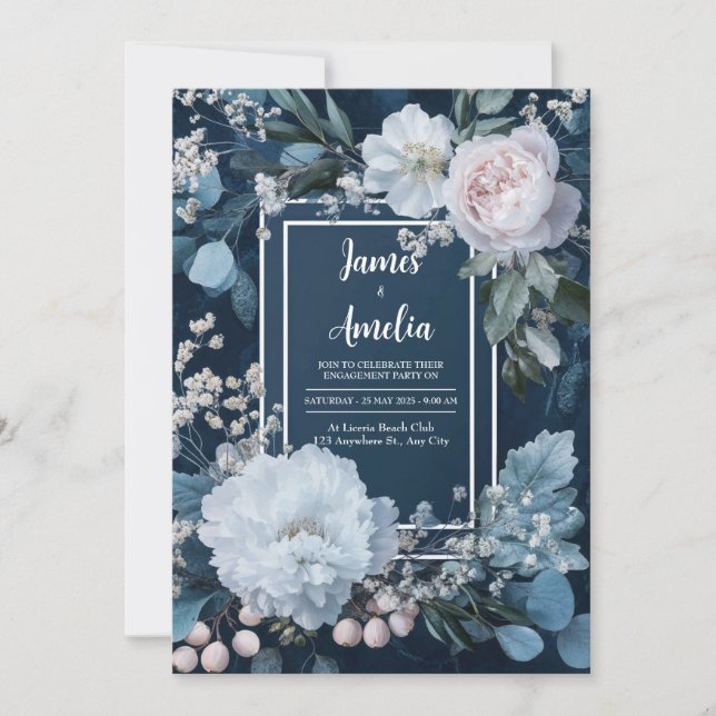 Frosted Blue Floral Wedding  Invitation (Front)