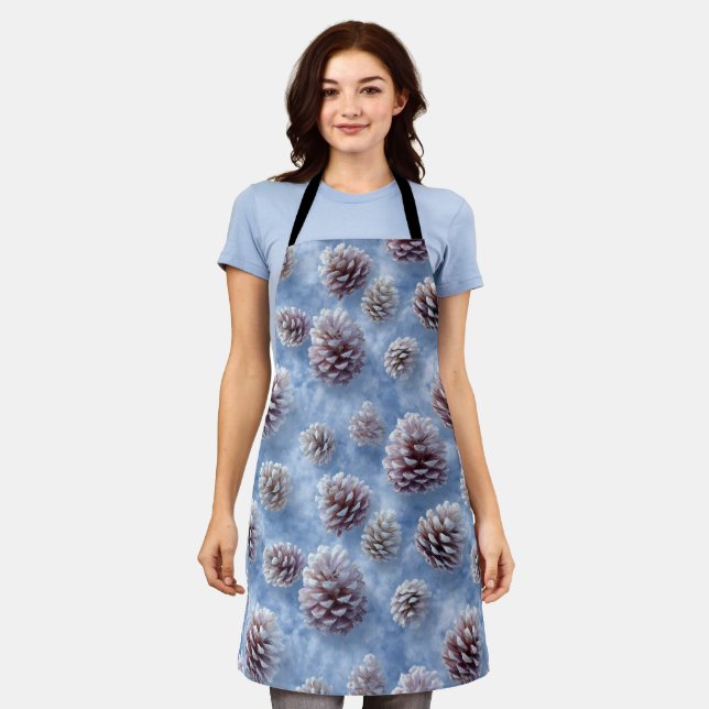 Frosted Blue Pinecones Pattern Throw Pillow Apron (Worn)