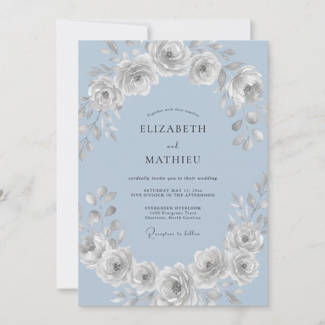 Frosted Blue Ranunculus Eucalyptus Wedding Invitation (Front)