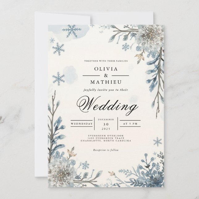Frosted Blue Winter Bloom Wedding Invitation (Front)