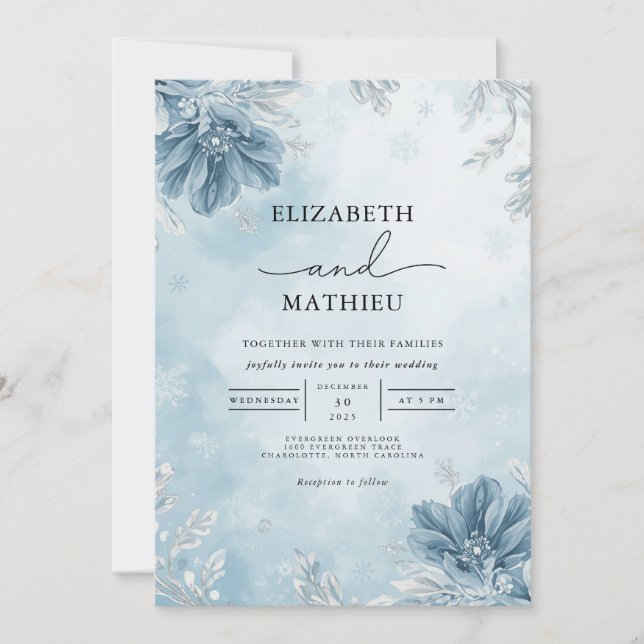 Frosted Blue Winter Blooms Wedding Invitation (Front)