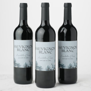 Frosted Blue Winter Florals Wedding Custom Name Wine Label