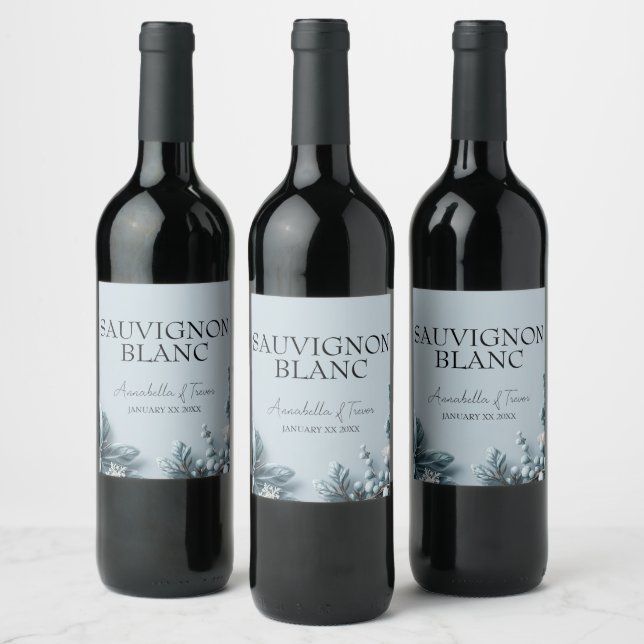 Frosted Blue Winter Florals Wedding Custom Name Wine Label (Bottles)