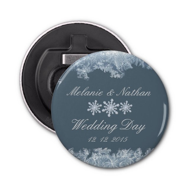 Frosted Blue Winter Wedding Custom Bottle Opener (Front)
