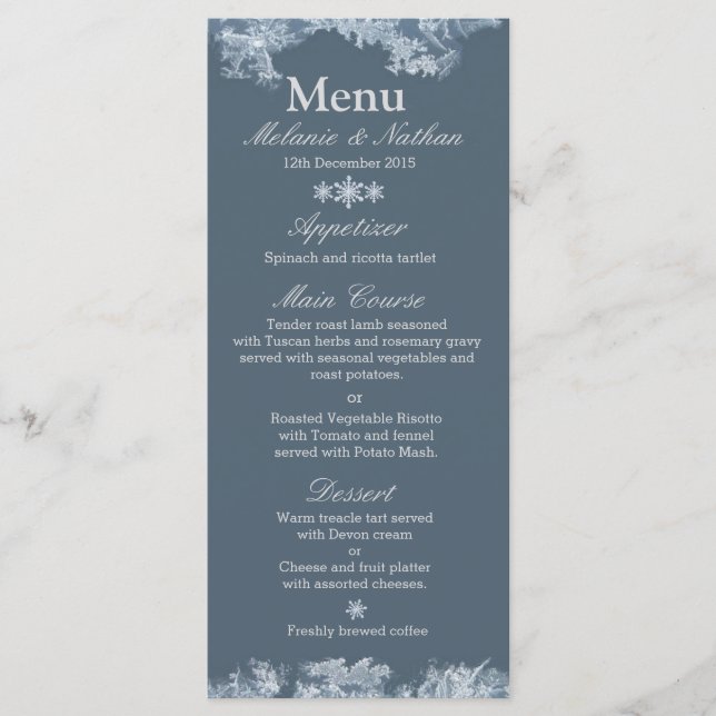 Frosted Blue Winter Wedding Custom Menu (Front)