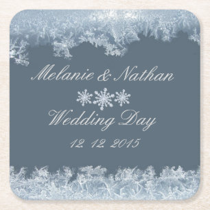 Frosted Blue Winter Wedding Custom Square Paper Coaster