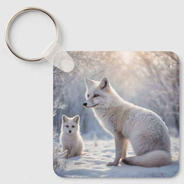 "Frosted Bonds: The Arctic Fox and Her Cub" Key Ring (Front)