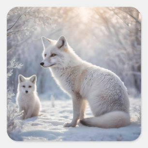 "Frosted Bonds: The Arctic Fox and Her Cub" Square Sticker