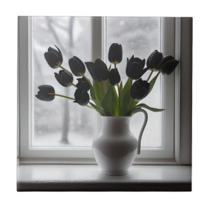 "Frosted Elegance: Black Tulips in a White Vase Tile