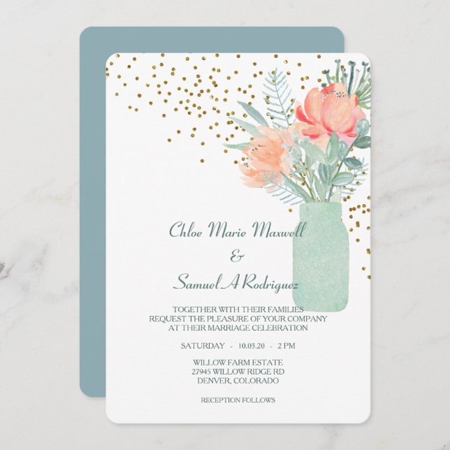 Frosted Glass Mason Jar Floral Wedding Invitation (Front/Back)