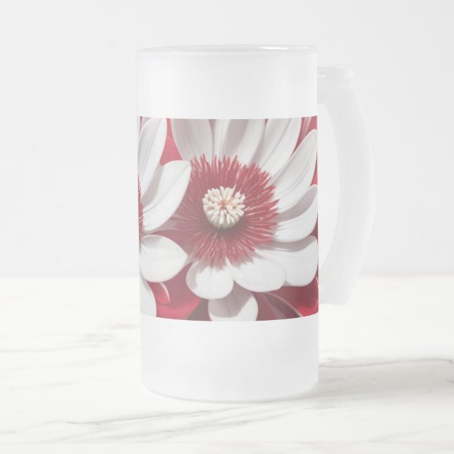 Frosted Glass Mug Red White Floral AI Art Design (Front Right)