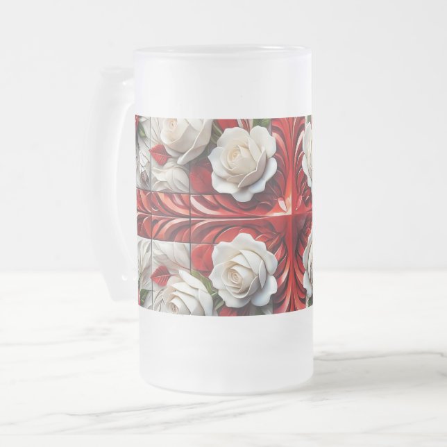 Frosted Glass Mug with English Roses design (Front Left)