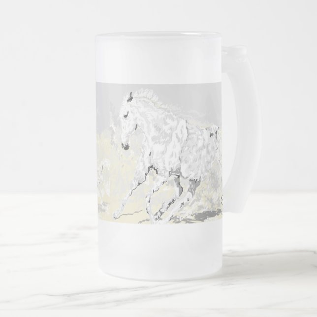 Frosted Glass  White Stallion in Motion Frosted Glass Beer Mug (Front Right)