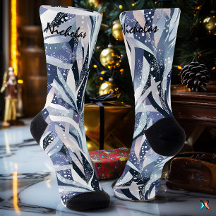 Frosted Leaf Winter Socks in Navy and Lavender
