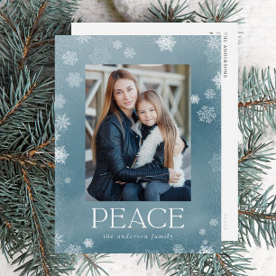 Frosted Peace Icy Blue Watercolor Photo Holiday Postcard