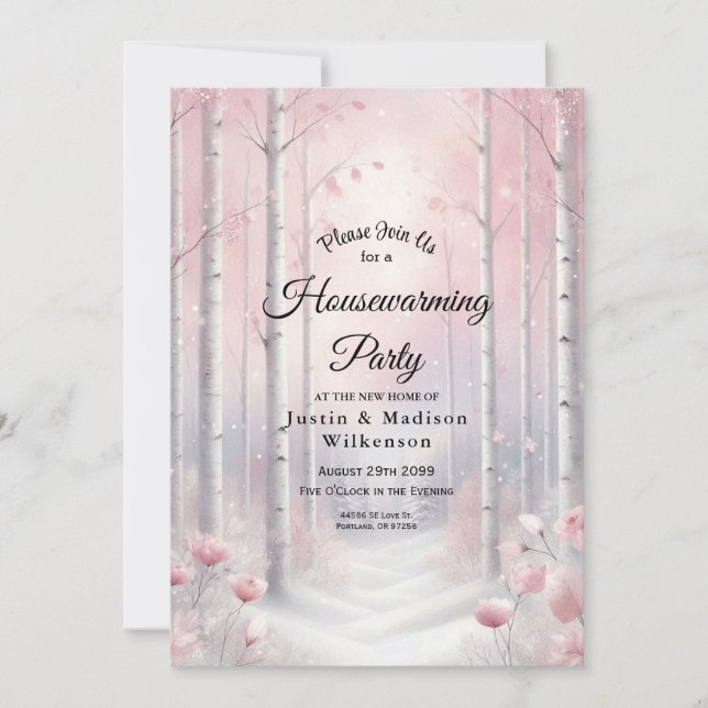 Frosted Petals in a Winter Woodland Housewarming Invitation (Front)