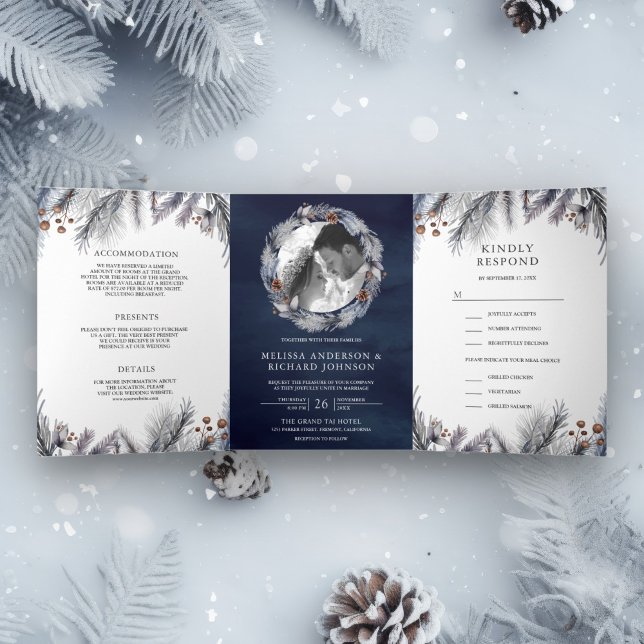 Frosted Pine Leaves Winter Navy Blue Wedding Tri-Fold Invitation (Creator Uploaded)