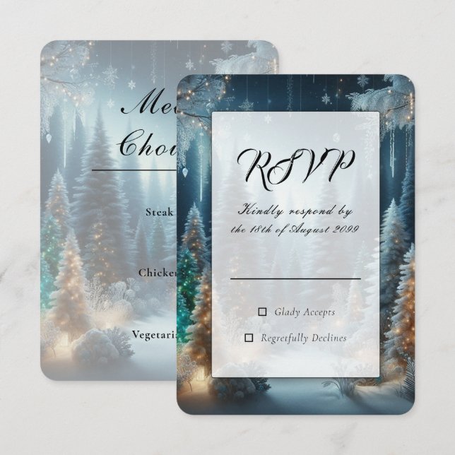 Frosted Pines in Winter Glow Wedding RSVP Card (Front/Back)